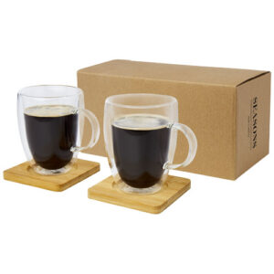 Manti 2-teiliger 350 ml doppelwandiger Glasbecher mit Bambusuntersetzer - transparent / Natürlich