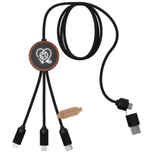 SCX.design C37 40W 5-in-1 rPET Ladekabel in rundem Bambusgehäuse mit Leuchtlogo - holz