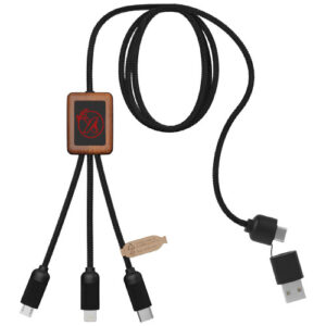 SCX.design C38 40W 5-in-1 Ladekabel aus rPET in quadratischem Bambusgehäuse mit Leuchtlogo - rot / holz