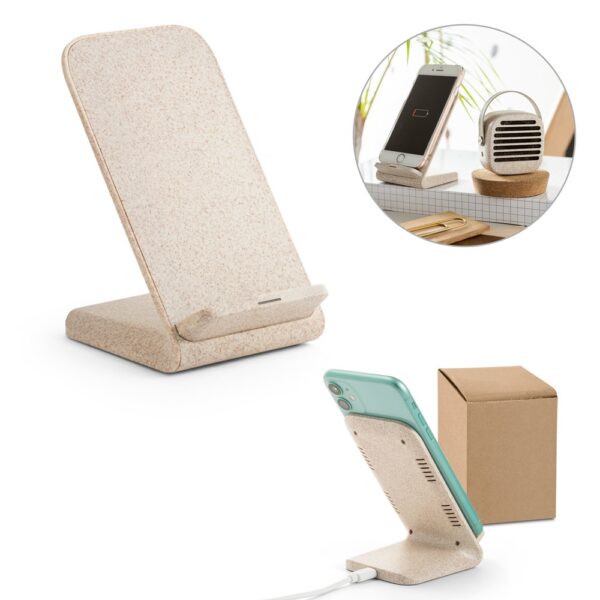 ENGLERT. Smartphone-Halter mit schnellem 10W wireless Ladegerät aus Recyceltes ABS (100% rABS) und Weizenstroh