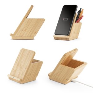 LEAVITT. Smartphone- und Kugelschreiberhalter mit 10W wireless Schnellladegerät aus Bambus