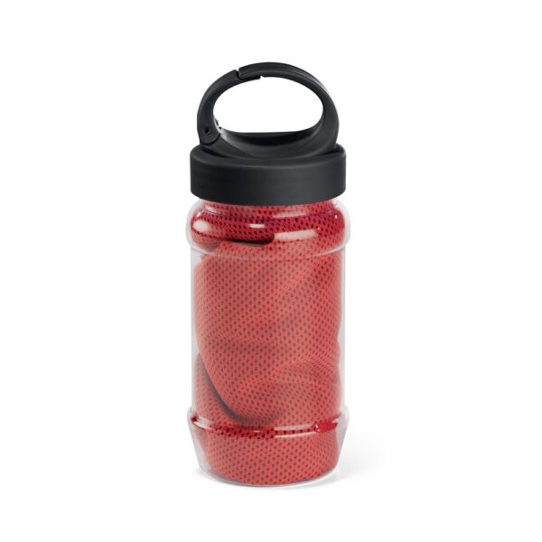 ARTX PLUS. Sporthandtuch aus Polyamid und Polyester mit Flasche (440 mL) aus PP und PET und einem integrierten Karabinerhaken am Deckel - rot, 440 mL