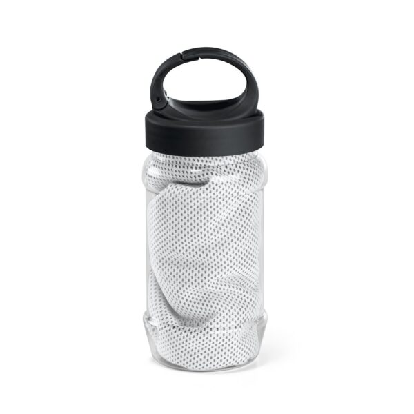 ARTX PLUS. Sporthandtuch aus Polyamid und Polyester mit Flasche (440 mL) aus PP und PET und einem integrierten Karabinerhaken am Deckel - weiss, 440 mL