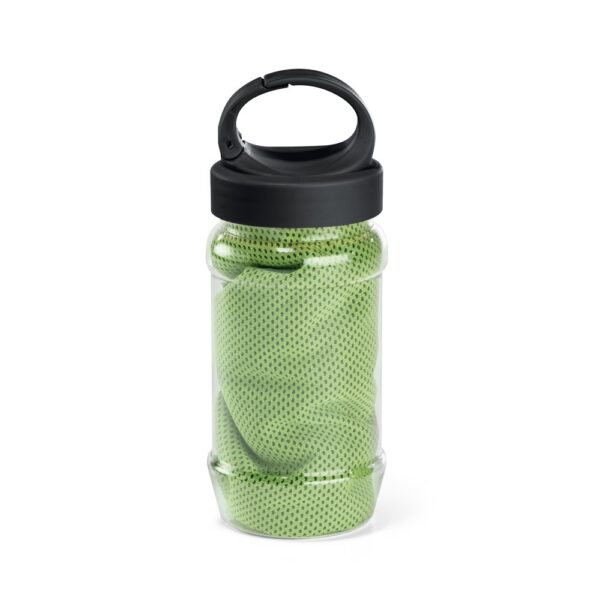 ARTX PLUS. Sporthandtuch aus Polyamid und Polyester mit Flasche (440 mL) aus PP und PET und einem integrierten Karabinerhaken am Deckel