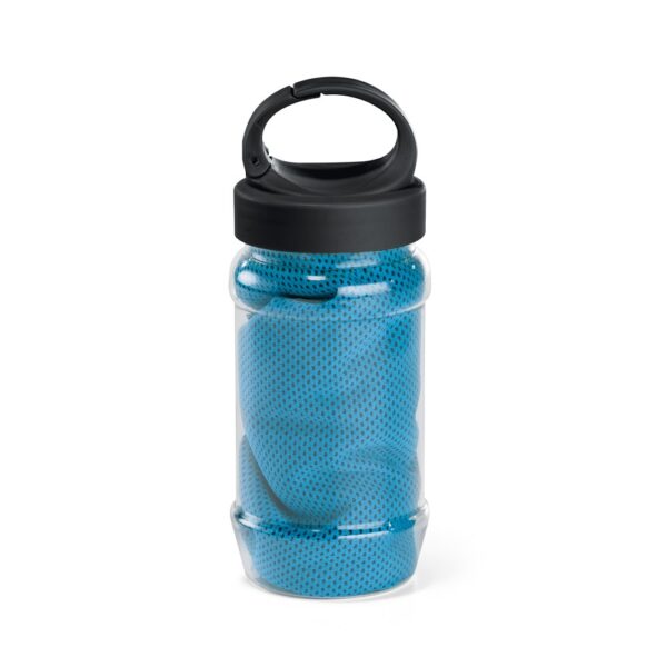 ARTX PLUS. Sporthandtuch aus Polyamid und Polyester mit Flasche (440 mL) aus PP und PET und einem integrierten Karabinerhaken am Deckel - hellblau, 440 mL
