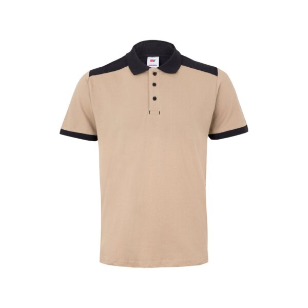 VL VELES. Zweifarbiges Stretch-Piqué-Poloshirt (200 g/m²) mit kurzen Ärmeln, aus Polyester (96 %) und Elastan (4 %) - beige, XS